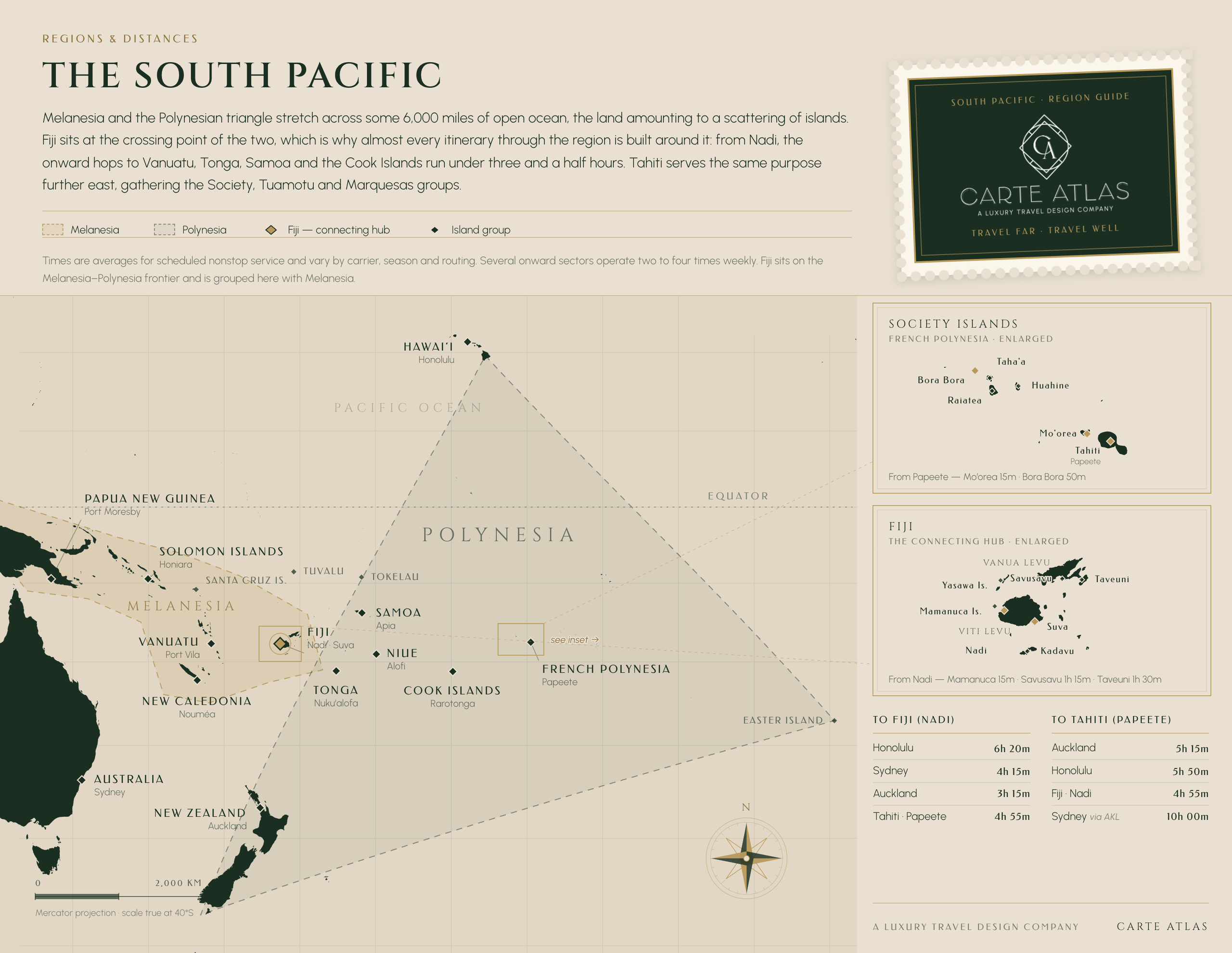 CARTE ATLAS map of the South Pacific showing the Polynesian Triangle, Melanesia, and flight times from Fiji and Tahiti