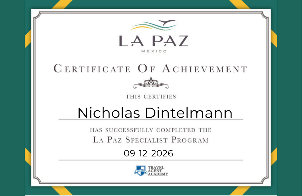 certificate of achievement for nicholas dintelmann from La Paz specialist program.