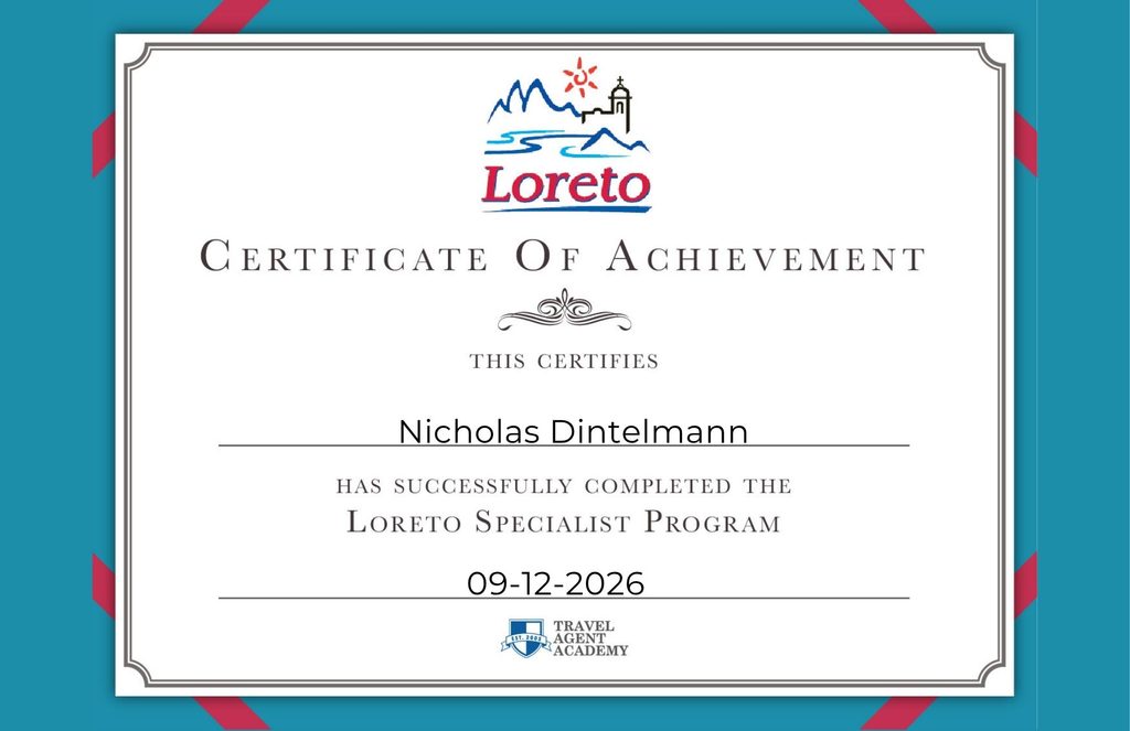 Certificate of achievement for CARTE ATLAS from Nicholas Dintelmann on 9/12/26 for completing Loreto Tourism training.