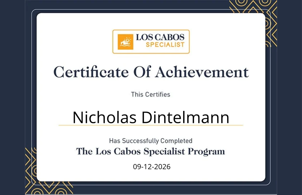 Los Cabos Specialist Certificate of Achievement for Nicholas Dintelmann.
