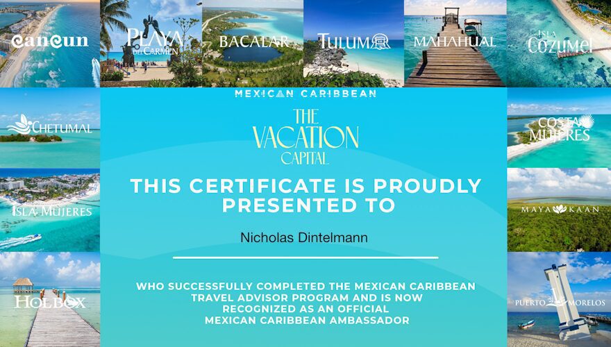 Nicholas Dintelmann's Mexican Caribbean Tourism Council travel advisor certification