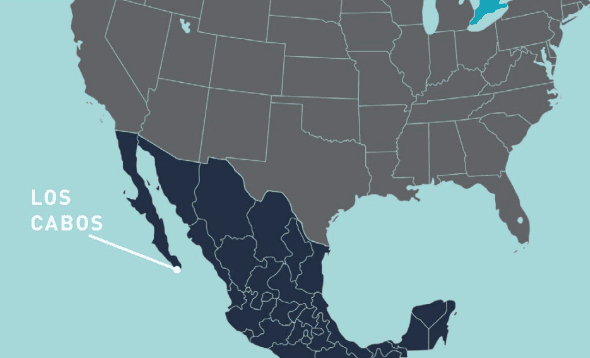 Map showing Los Cabos at the tip of the Baja Peninsula.