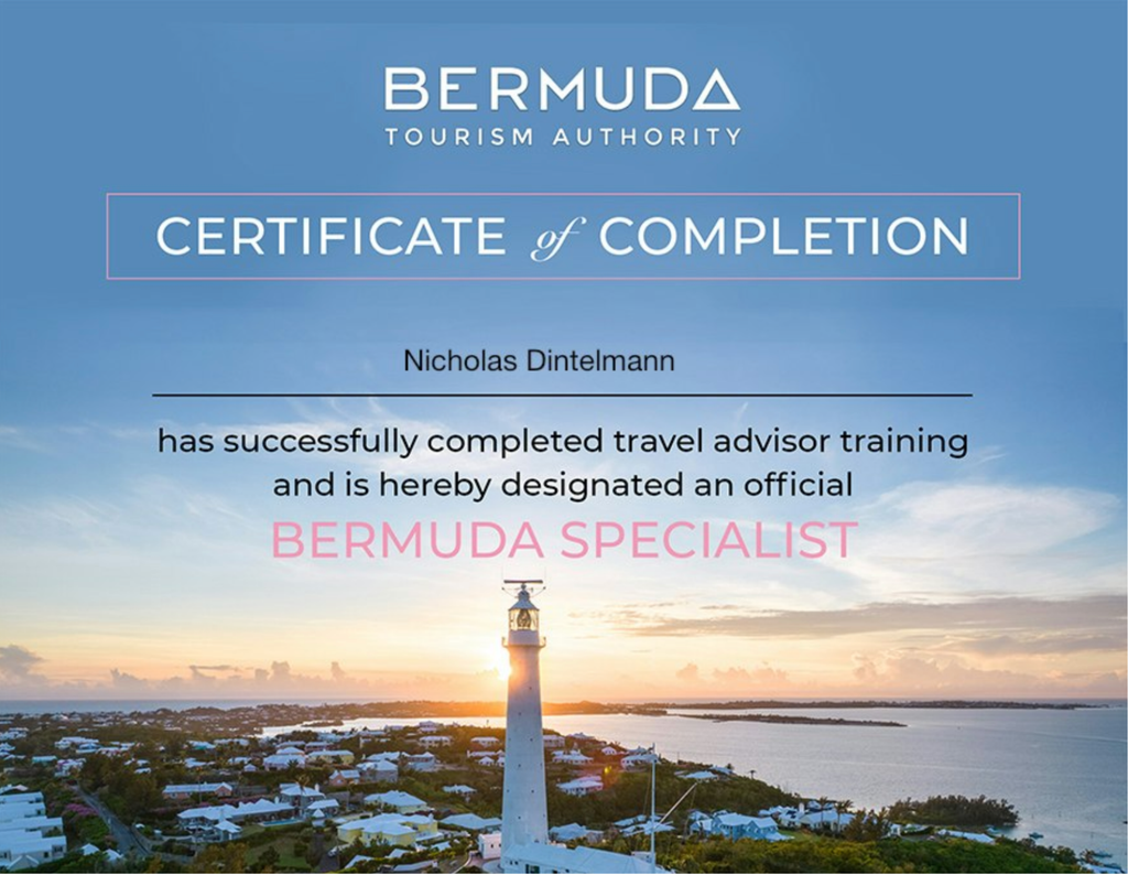 Certificate of Completion for Nicholas DIntelmann from Bermuda Tourism Authority