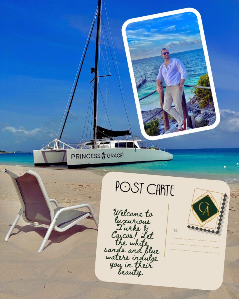 Post Carte of Catamaran and Nicholas welcoming you to Turks & Caicos.